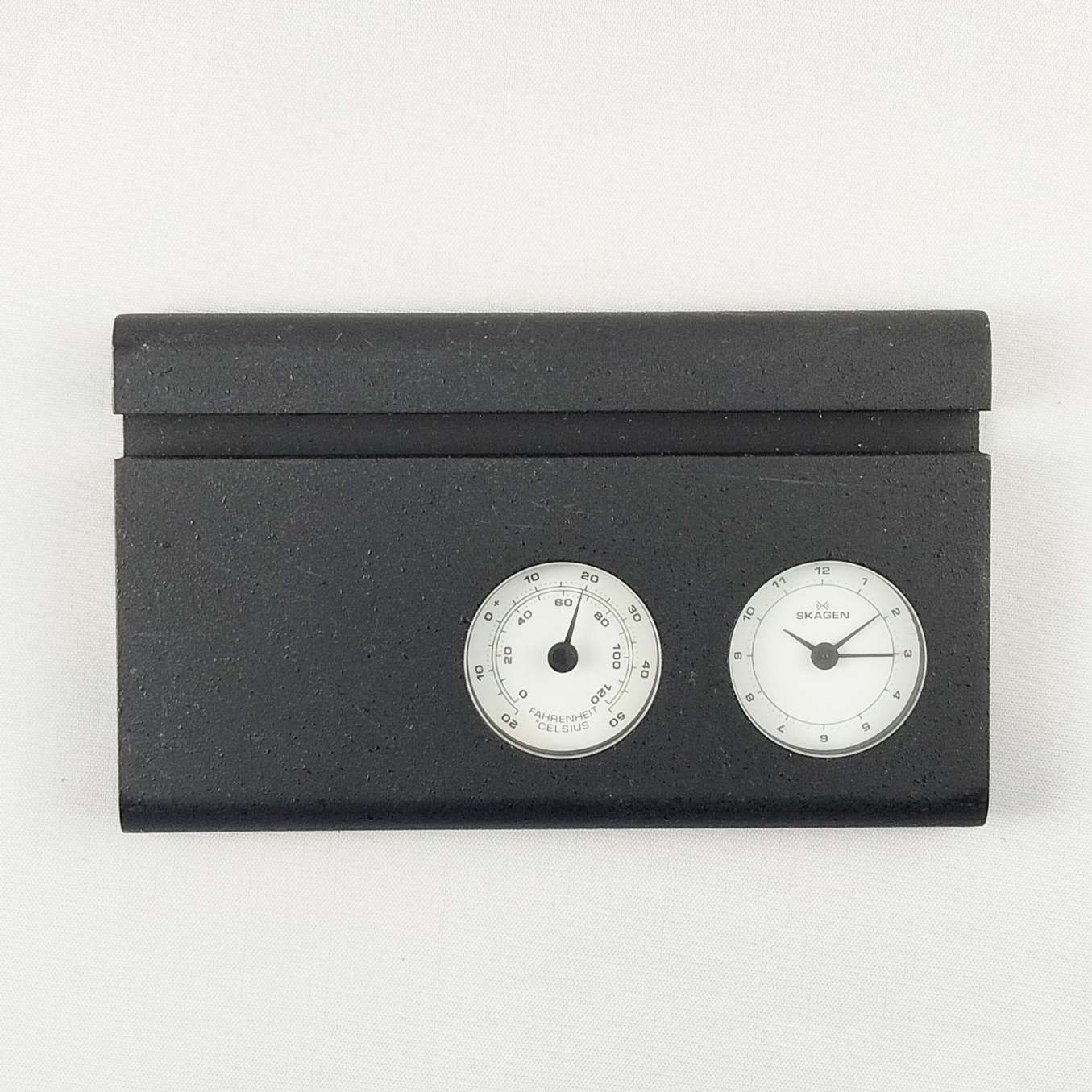 I Like Mikes Mid Century Modern Clock Skagen Desk Clock Business Card Holder with Temperature Dial