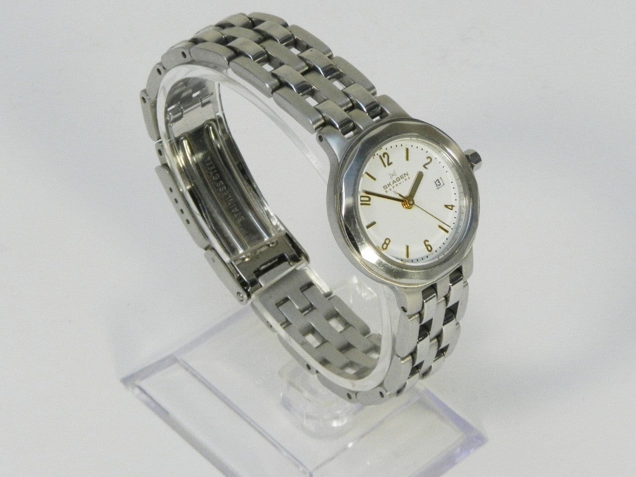 I Like Mikes Mid Century Modern Clock Skagen Sapphire Women's Round Silvertone Watch, White Face, Gold Numbers
