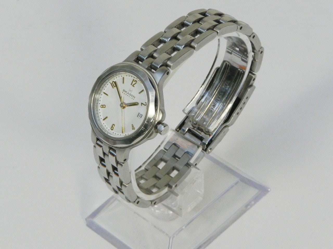 I Like Mikes Mid Century Modern Clock Skagen Sapphire Women's Round Silvertone Watch, White Face, Gold Numbers