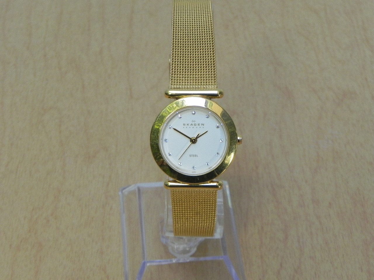 I Like Mikes Mid Century Modern Clock Skagen Women's Classic Goldtone White Dial Swarovski Crystal Watch