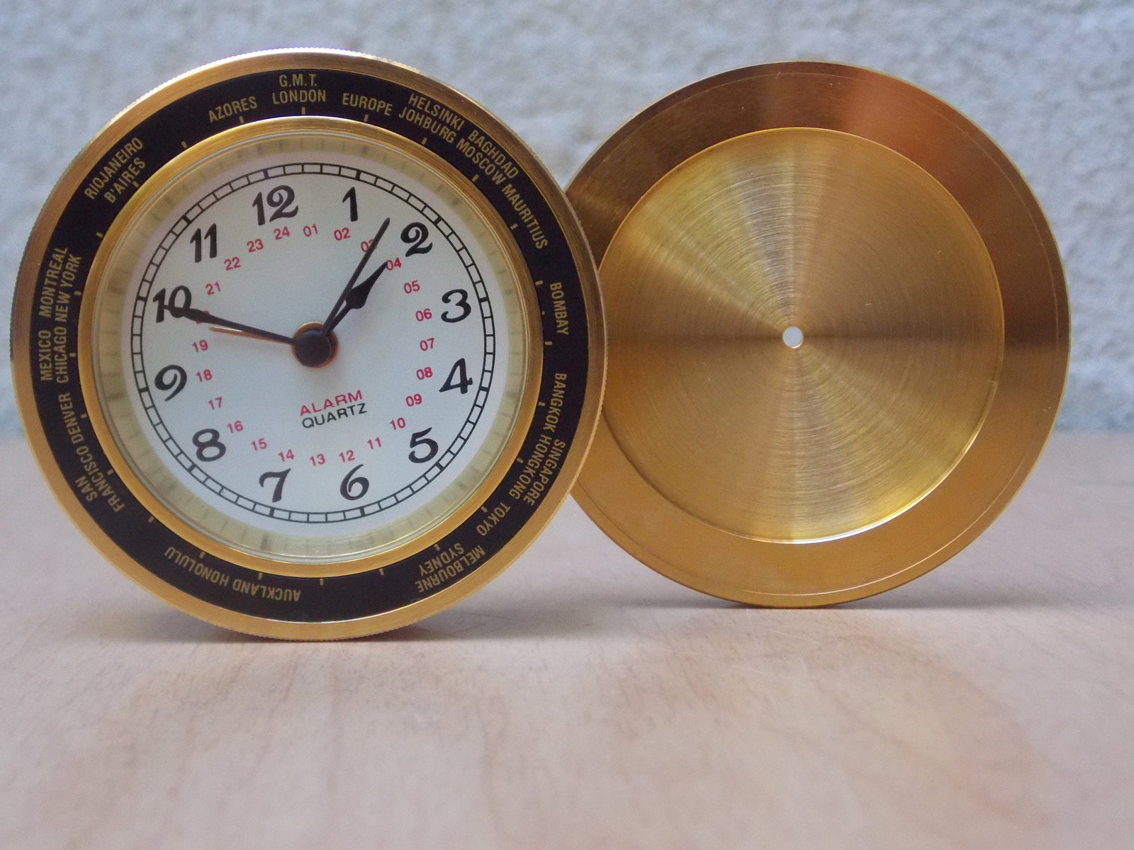 I Like Mikes Mid Century Modern Desk & Shelf Clocks Small Round Brass Travel World Clock Desk Clock