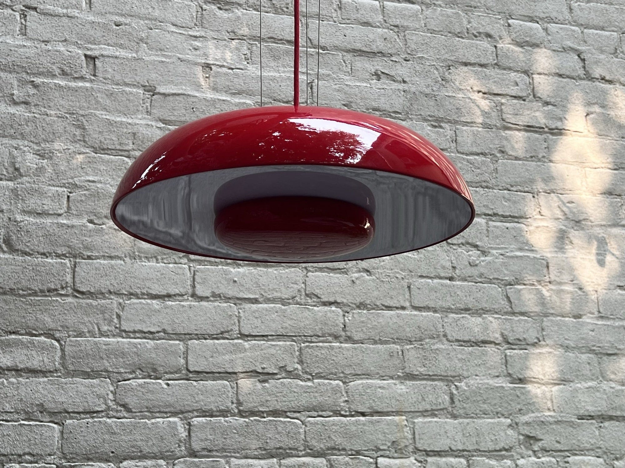 I Like Mikes Mid Century Modern Hanging Lamp Sleek Red UFO Flying Saucer Metal Pendant Lamp