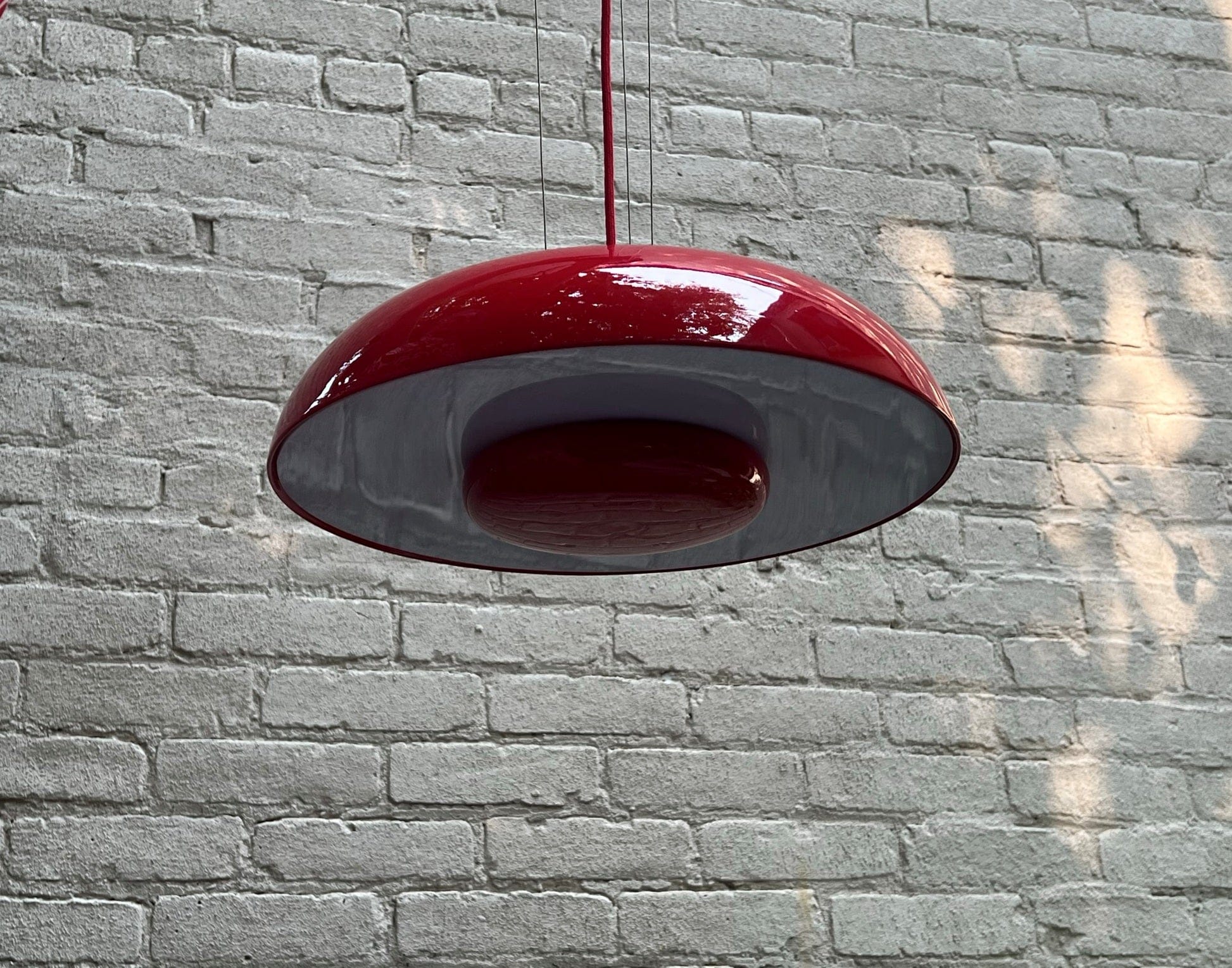I Like Mikes Mid Century Modern Hanging Lamp Sleek Red UFO Flying Saucer Metal Pendant Lamp
