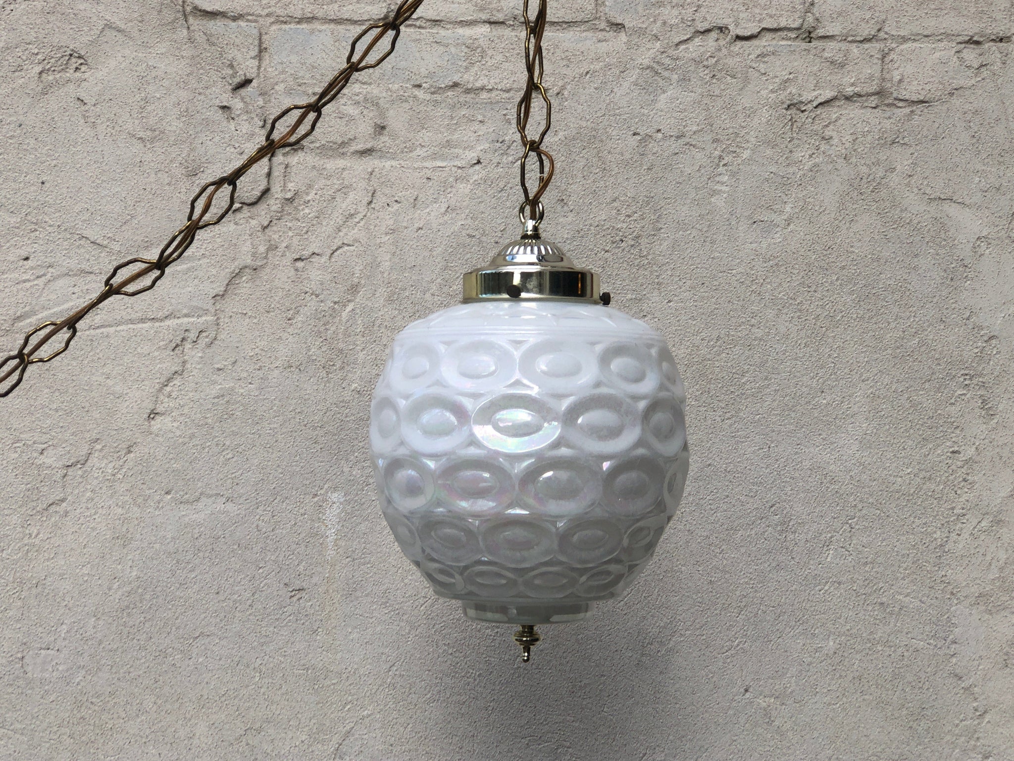 brutalt Perforering Larry Belmont Small Modern White Iridescent Glass Hanging Pendant Light - I Like Mikes  Mid Century Modern