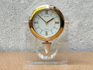 I Like Mikes Mid Century Modern Mantle Clock Seiko Neo Deco Lucite Brass Pendulum Table Clock, Memphis Design