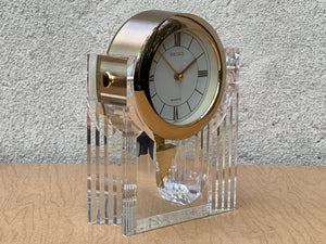 I Like Mikes Mid Century Modern Mantle Clock Seiko Neo Deco Lucite Brass Pendulum Table Clock, Memphis Design