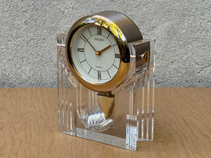 I Like Mikes Mid Century Modern Mantle Clock Seiko Neo Deco Lucite Brass Pendulum Table Clock, Memphis Design