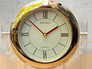 I Like Mikes Mid Century Modern Mantle Clock Seiko Neo Deco Lucite Brass Pendulum Table Clock, Memphis Design