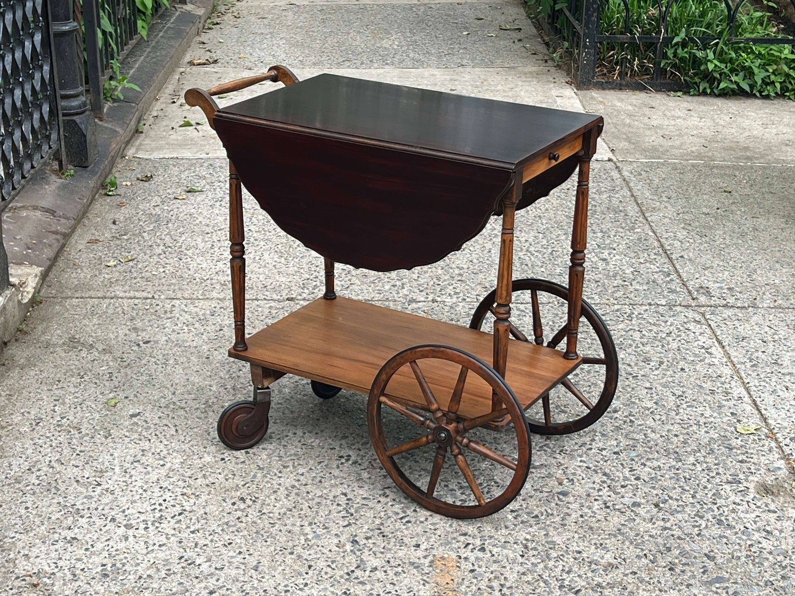 I Like Mikes Mid Century Modern Paalman Drop Handle Wooden Tea Cart, Drop Sides, Wagon Wheels, 100% Restored