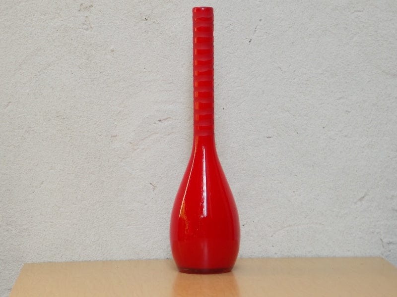 I Like Mikes Mid Century Modern Red Tall Glass Mikasa Vase, Tall Neck Genie Bottle Shape