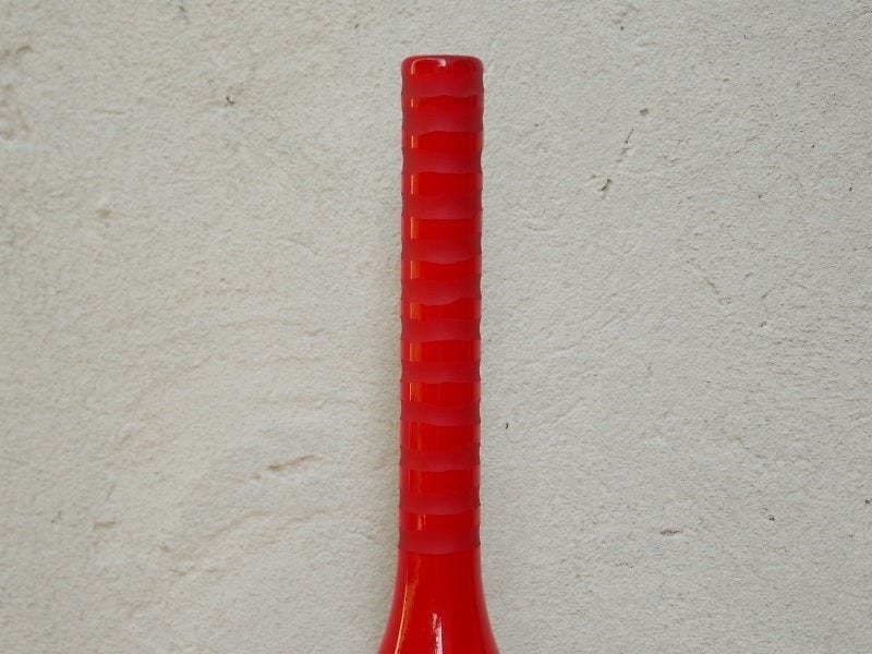 I Like Mikes Mid Century Modern Red Tall Glass Mikasa Vase, Tall Neck Genie Bottle Shape