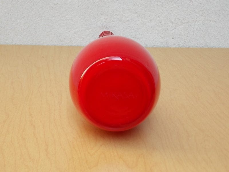 I Like Mikes Mid Century Modern Red Tall Glass Mikasa Vase, Tall Neck Genie Bottle Shape