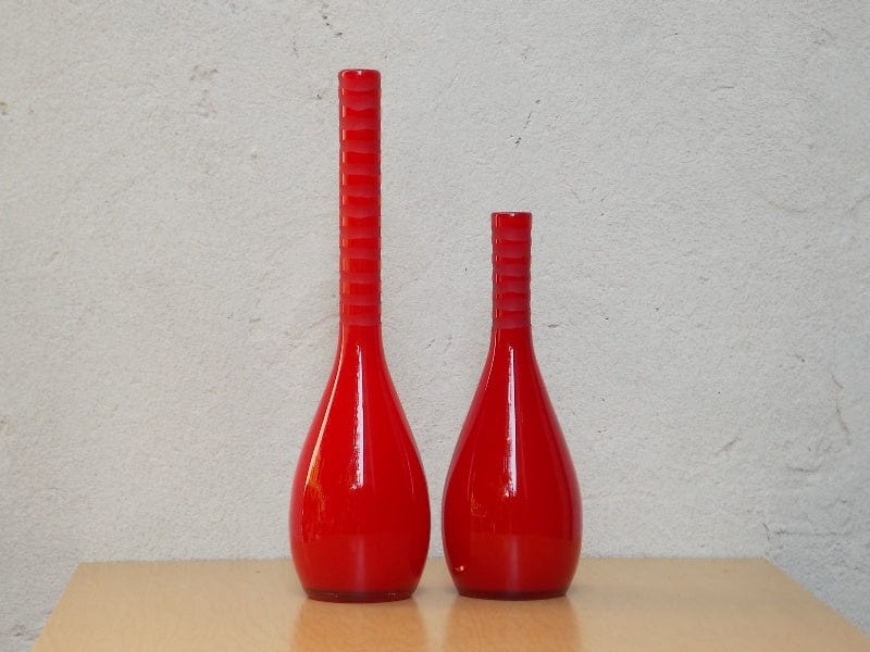 I Like Mikes Mid Century Modern Red Tall Glass Mikasa Vase, Tall Neck Genie Bottle Shape