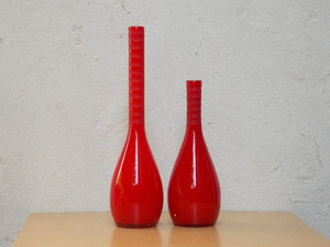 I Like Mikes Mid Century Modern Red Tall Glass Mikasa Vase, Tall Neck Genie Bottle Shape