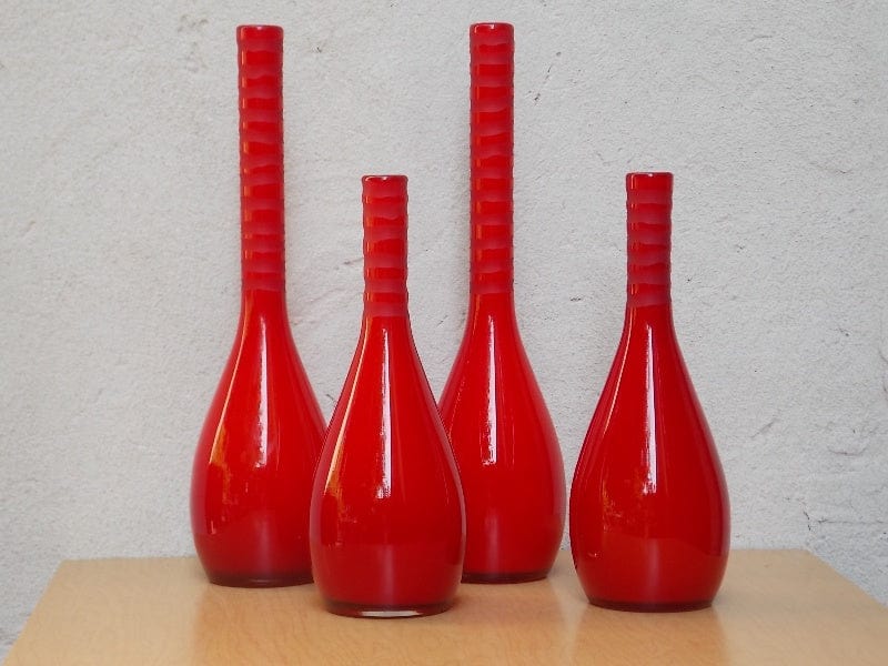 I Like Mikes Mid Century Modern Red Tall Glass Mikasa Vase, Tall Neck Genie Bottle Shape