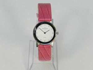 I Like Mikes Mid Century Modern Skagen Women's Round Stainless Steel Watch, Mother of Pearl Dial, Snake Skin Designed Band in Dark Pink Leather