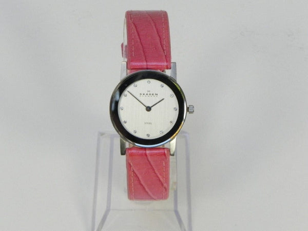 Skagen Ladies Pink Mother of Pearl Silver Rimmed Round Face Watch with Pink Band WOMENS SKAGEN SILVER WATCH WHITE PEARL FACE PINK BAND SUPER  main image 3
