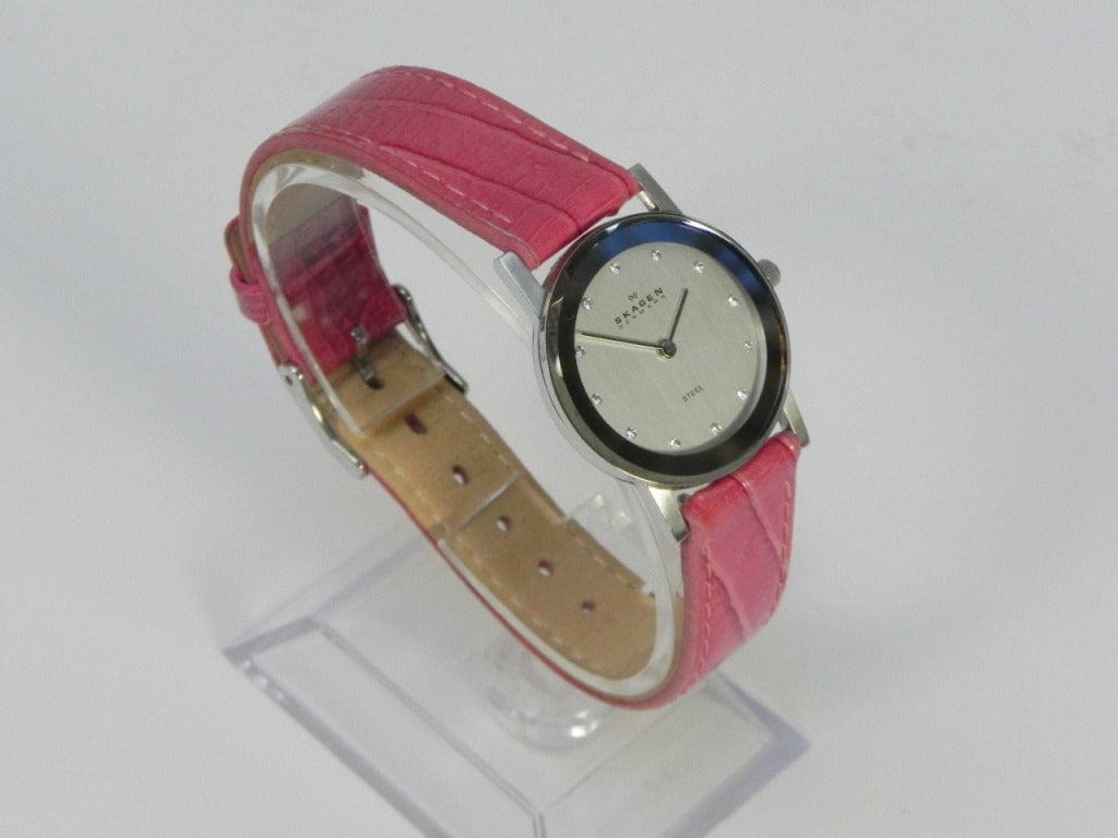 I Like Mikes Mid Century Modern Skagen Women's Round Stainless Steel Watch, Mother of Pearl Dial, Snake Skin Designed Band in Dark Pink Leather