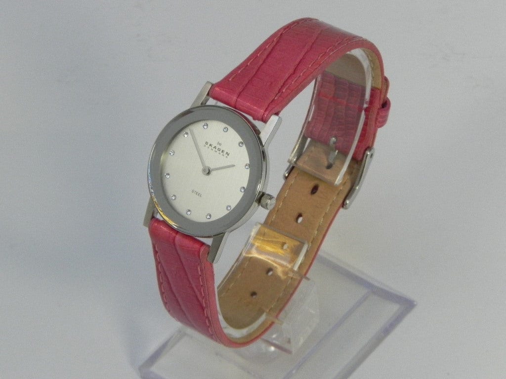 I Like Mikes Mid Century Modern Skagen Women's Round Stainless Steel Watch, Mother of Pearl Dial, Snake Skin Designed Band in Dark Pink Leather