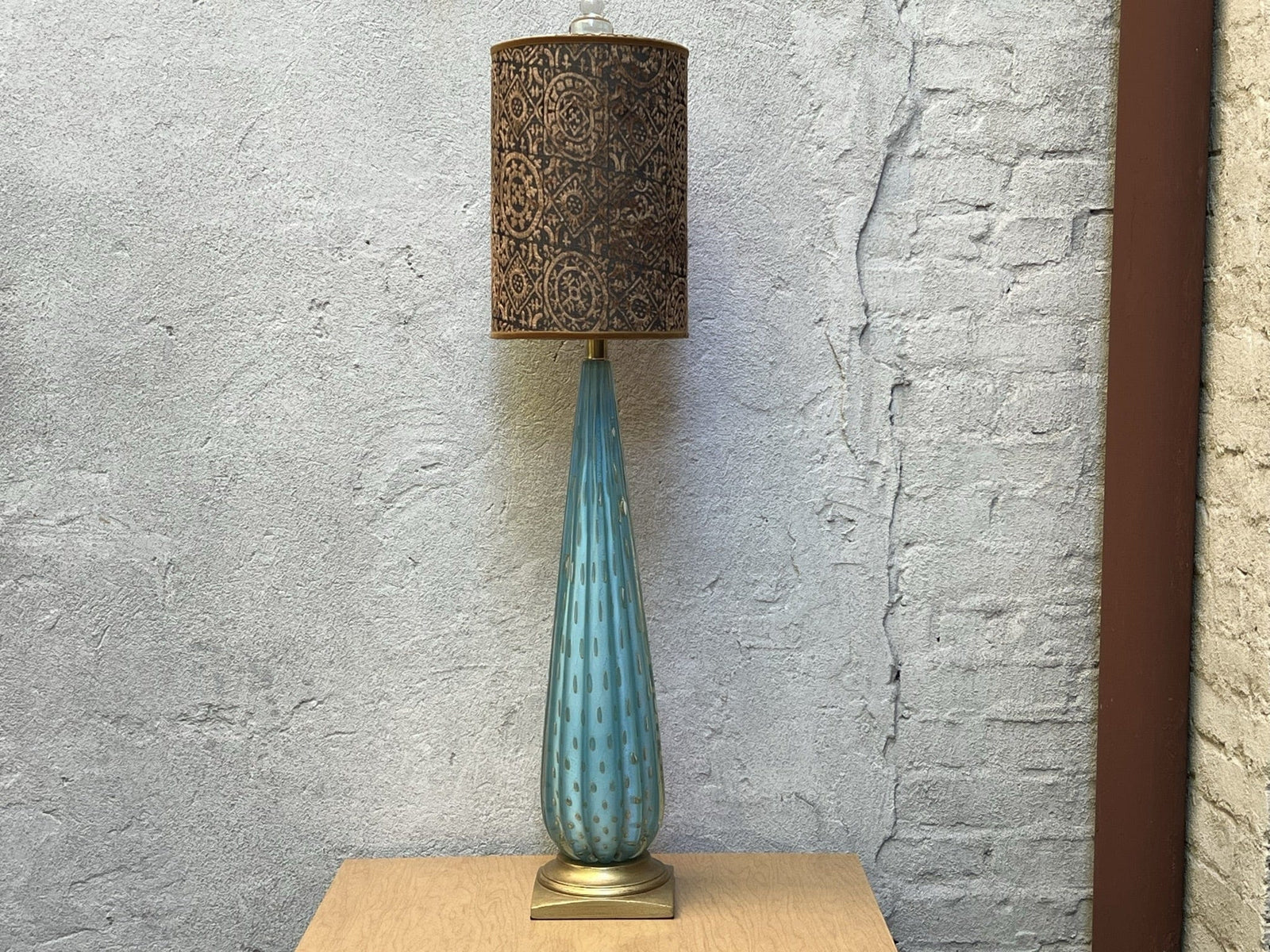 I Like Mikes Mid Century Modern Tall Blue Gold Vintage Murano Fluted Glass Table Lamp Gold Base