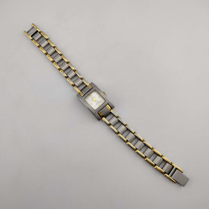 I Like Mikes Mid Century Modern Watches Anne Klein Women's Silver Tone Watch, Gold Tone Accents, Rectangular Dial, Link Strap