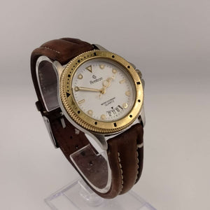 I Like Mikes Mid Century Modern Watches Armitron Men's Gold Tone Quartz Watch, Round Gold Tone Dial on a White Face, Brown Leather Strap
