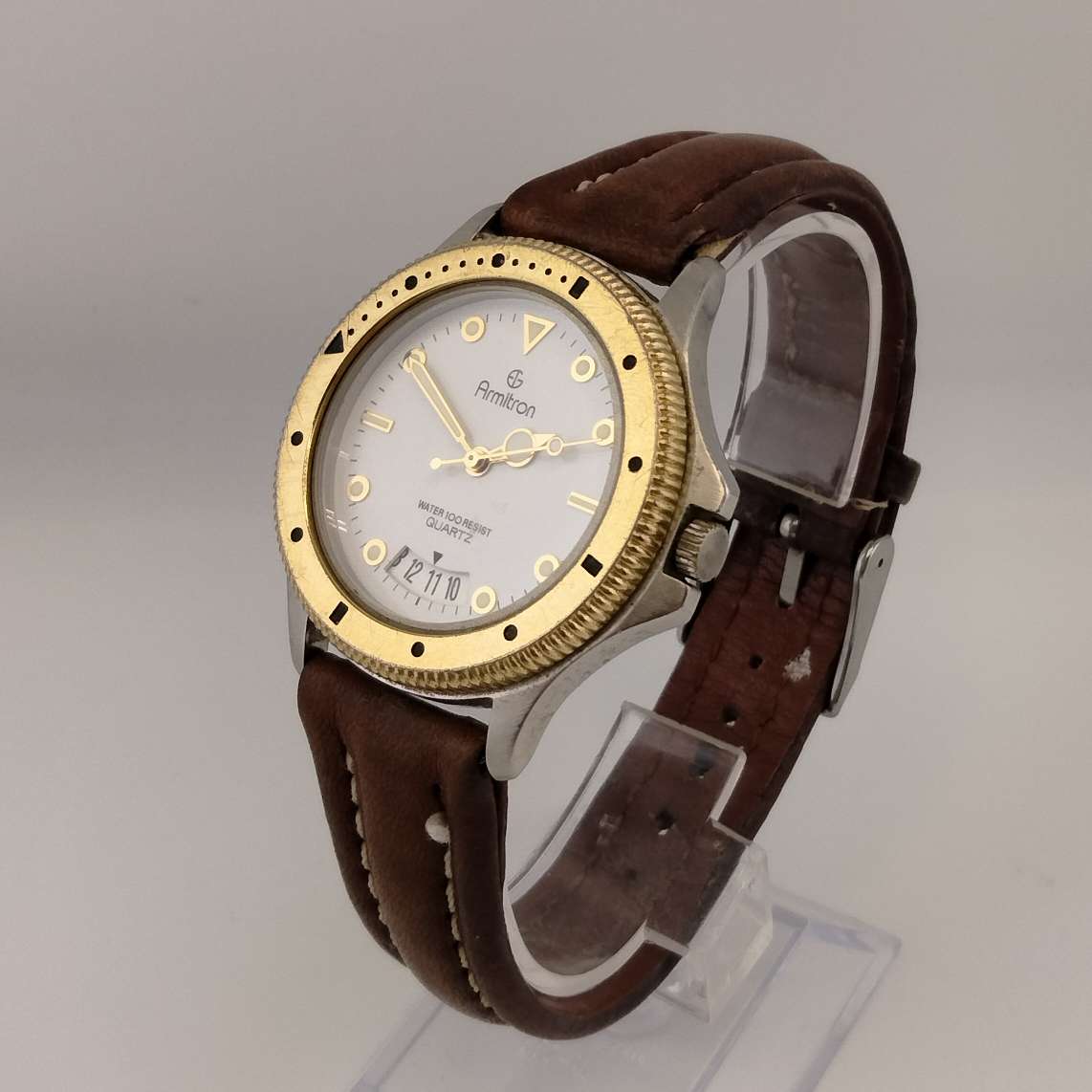 I Like Mikes Mid Century Modern Watches Armitron Men's Gold Tone Quartz Watch, Round Gold Tone Dial on a White Face, Brown Leather Strap