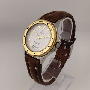 I Like Mikes Mid Century Modern Watches Armitron Men's Gold Tone Quartz Watch, Round Gold Tone Dial on a White Face, Brown Leather Strap
