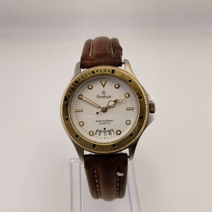 I Like Mikes Mid Century Modern Watches Armitron Men's Gold Tone Quartz Watch, Round Gold Tone Dial on a White Face, Brown Leather Strap