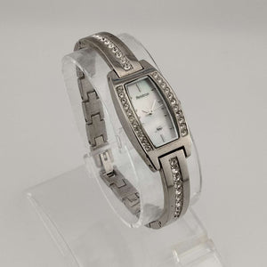 I Like Mikes Mid Century Modern Watches Armitron Petite Silver Tone Watch, Rectangular Mother of Pearl Dial, Jewel Accents, Bracelet Strap