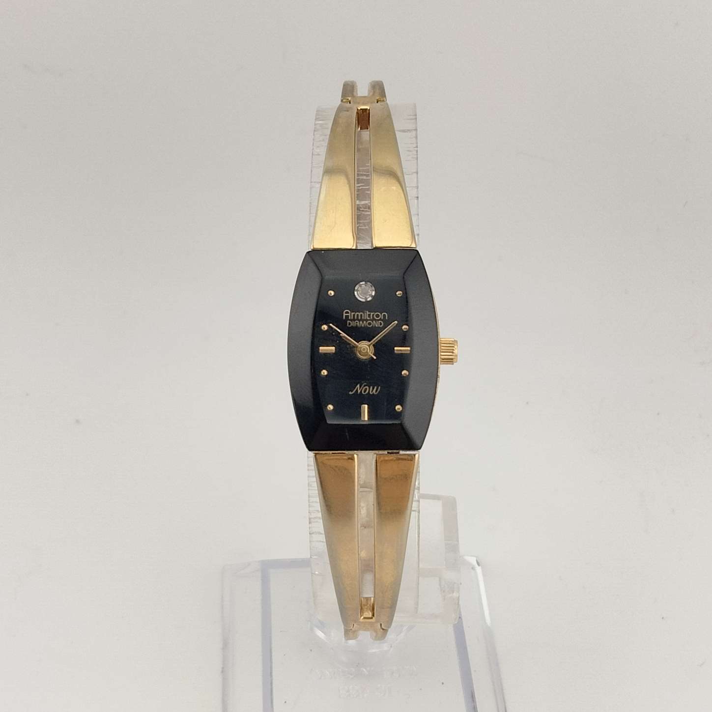 I Like Mikes Mid Century Modern Watches Armitron Women's Silver Gold Watch, Black Rectangular Dial with Rounded Sides, Jewel Detail, Bracelet Strap