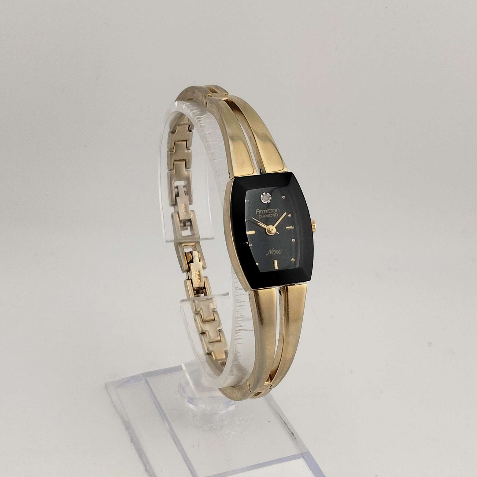 I Like Mikes Mid Century Modern Watches Armitron Women's Silver Gold Watch, Black Rectangular Dial with Rounded Sides, Jewel Detail, Bracelet Strap