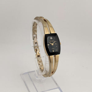 I Like Mikes Mid Century Modern Watches Armitron Women's Silver Gold Watch, Black Rectangular Dial with Rounded Sides, Jewel Detail, Bracelet Strap