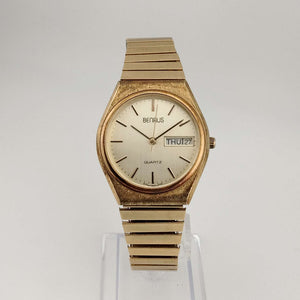I Like Mikes Mid Century Modern Watches Benrus Men's Gold Tone Quartz Watch, Circular Dial, Date and Day Window, Stretch Strap