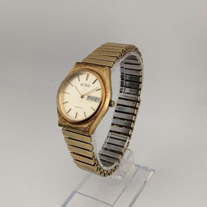 I Like Mikes Mid Century Modern Watches Benrus Men's Gold Tone Quartz Watch, Circular Dial, Date and Day Window, Stretch Strap