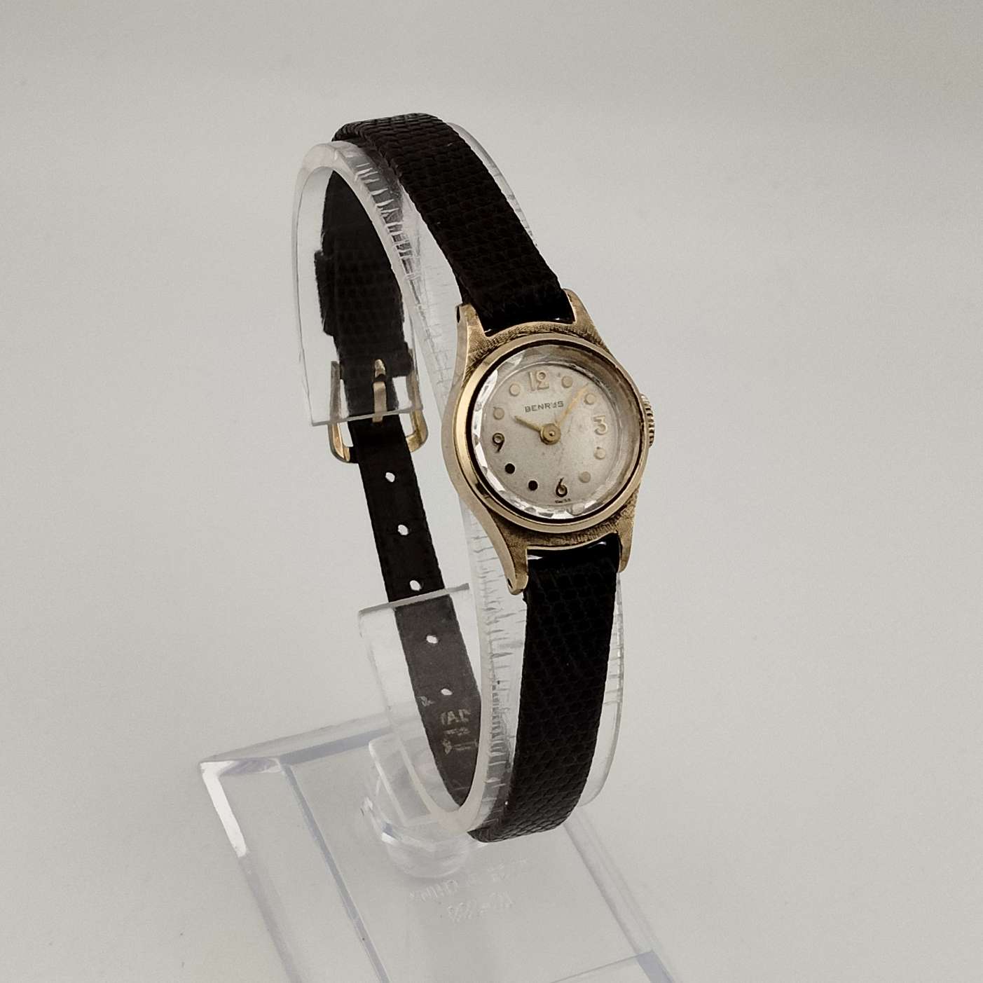 I Like Mikes Mid Century Modern Watches Benrus Unisex Gold Tone Watch, Circular Dial, Genuine Brown Lizard Strap