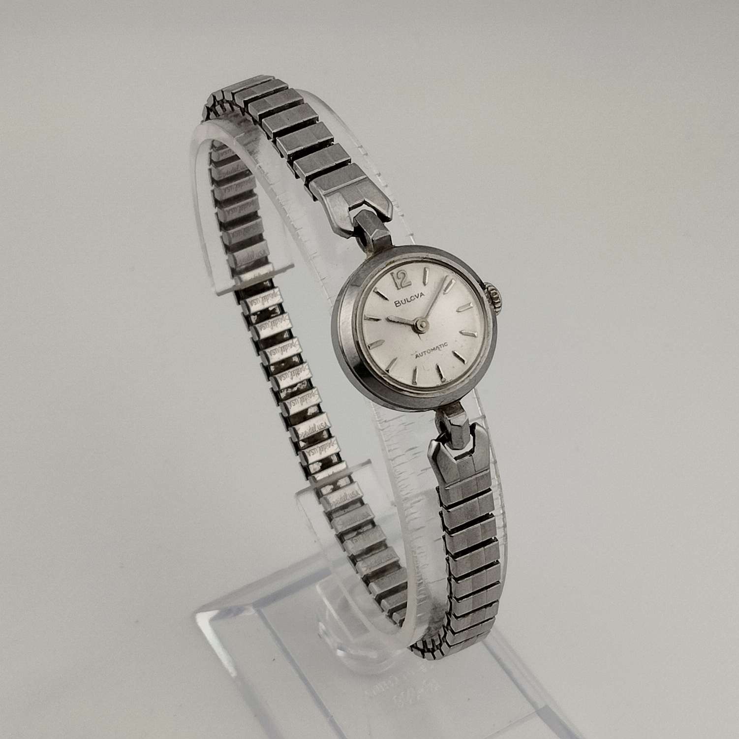 I Like Mikes Mid Century Modern Watches Bulova Automatic Petite Silver Tone Watch, Circular Dial, Stretch Strap