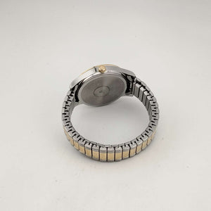 I Like Mikes Mid Century Modern Watches Bulova Men's Mixed Metal Watch, Round White Dial, Date Window, Red Accents Stretch Strap