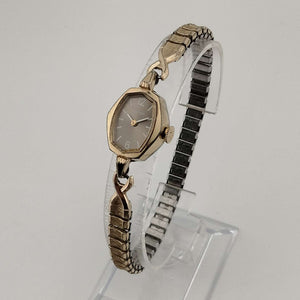 I Like Mikes Mid Century Modern Watches Bulova Petite Gold Tone Watch, Unique Polygonal Oval Dial, Stretch Strap