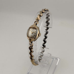 I Like Mikes Mid Century Modern Watches Bulova Petite Gold Tone Watch, Unique Square Dial with Rounded Sides, Stretch Strap