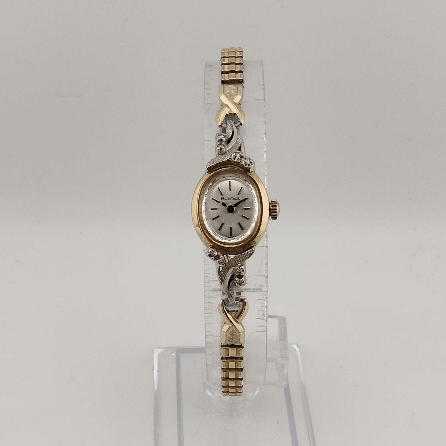 I Like Mikes Mid Century Modern Watches Bulova Petite Mixed Metal Watch, Oval Dial, Ornate Jeweled Bezel, Stretch Strap