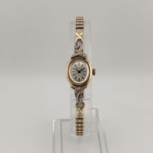 I Like Mikes Mid Century Modern Watches Bulova Petite Mixed Metal Watch, Oval Dial, Ornate Jeweled Bezel, Stretch Strap