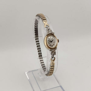 I Like Mikes Mid Century Modern Watches Bulova Petite Mixed Metal Watch, Oval Dial, Ornate Jeweled Bezel, Stretch Strap