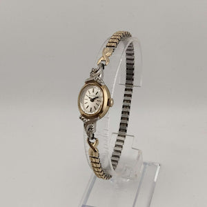 I Like Mikes Mid Century Modern Watches Bulova Petite Mixed Metal Watch, Oval Dial, Ornate Jeweled Bezel, Stretch Strap