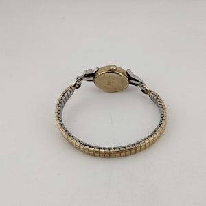I Like Mikes Mid Century Modern Watches Bulova Petite Mixed Metal Watch, Oval Dial, Ornate Jeweled Bezel, Stretch Strap