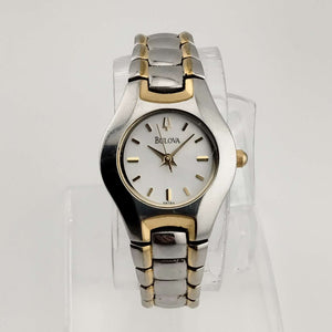 I Like Mikes Mid Century Modern Watches Bulova Petite Silver Tone Watch with Gold Accents, White Dial, Bracelet Strap