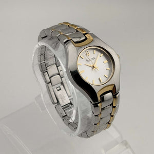I Like Mikes Mid Century Modern Watches Bulova Petite Silver Tone Watch with Gold Accents, White Dial, Bracelet Strap