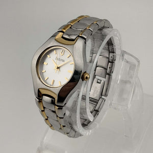 I Like Mikes Mid Century Modern Watches Bulova Petite Silver Tone Watch with Gold Accents, White Dial, Bracelet Strap