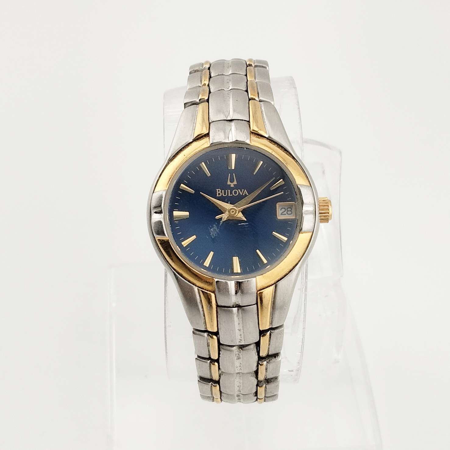 I Like Mikes Mid Century Modern Watches Bulova Petite Watch, Silver Tone, Circular Blue Dial, Date Window, Gold Tone Accents, Bracelet Strap