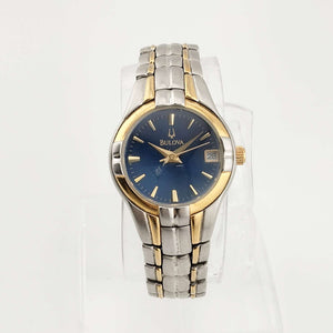 I Like Mikes Mid Century Modern Watches Bulova Petite Watch, Silver Tone, Circular Blue Dial, Date Window, Gold Tone Accents, Bracelet Strap